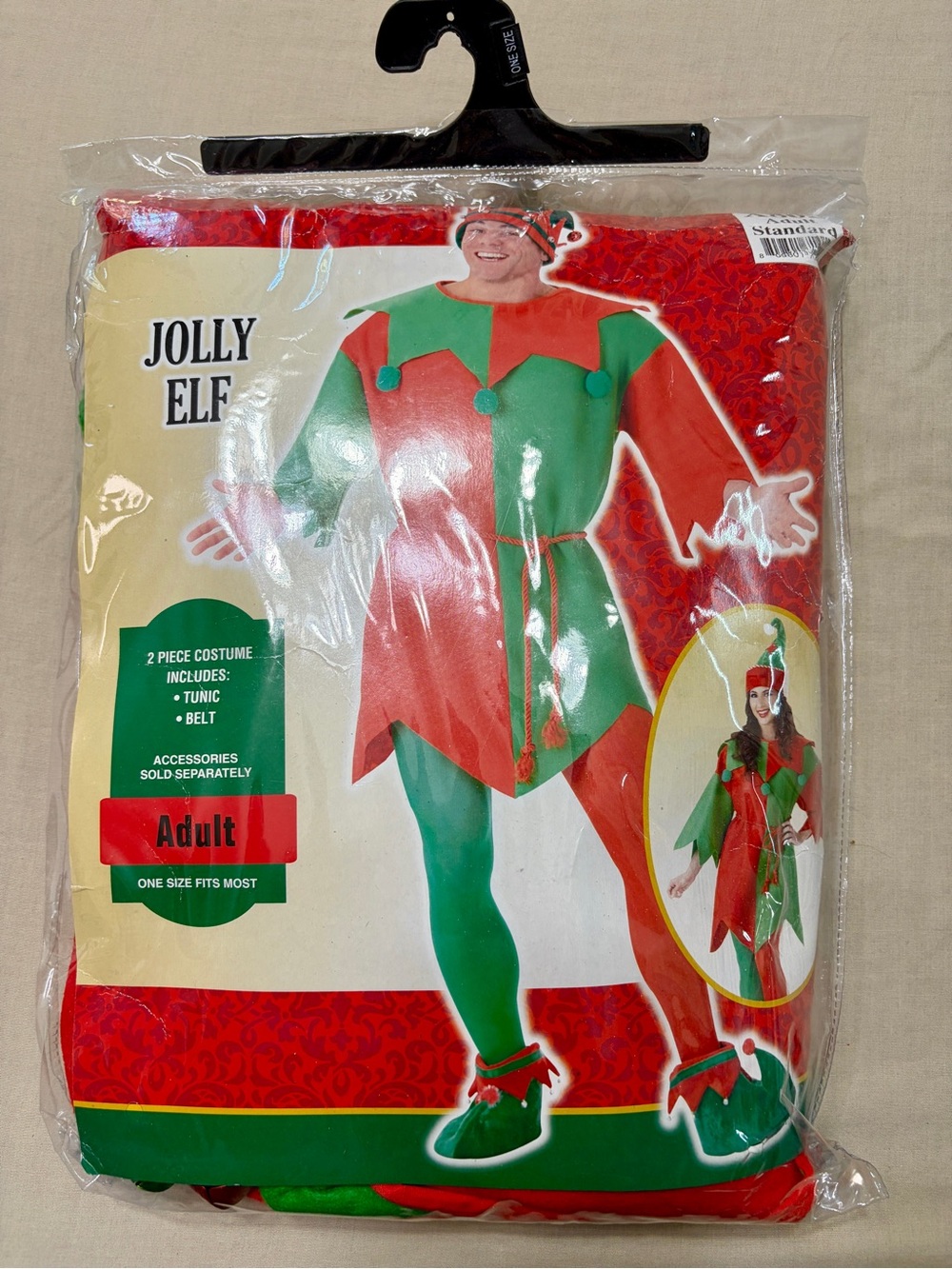 Costumeuma Jolly Elf Adult One Size 2-Piece Tunic & Belt Red/Green Polyester